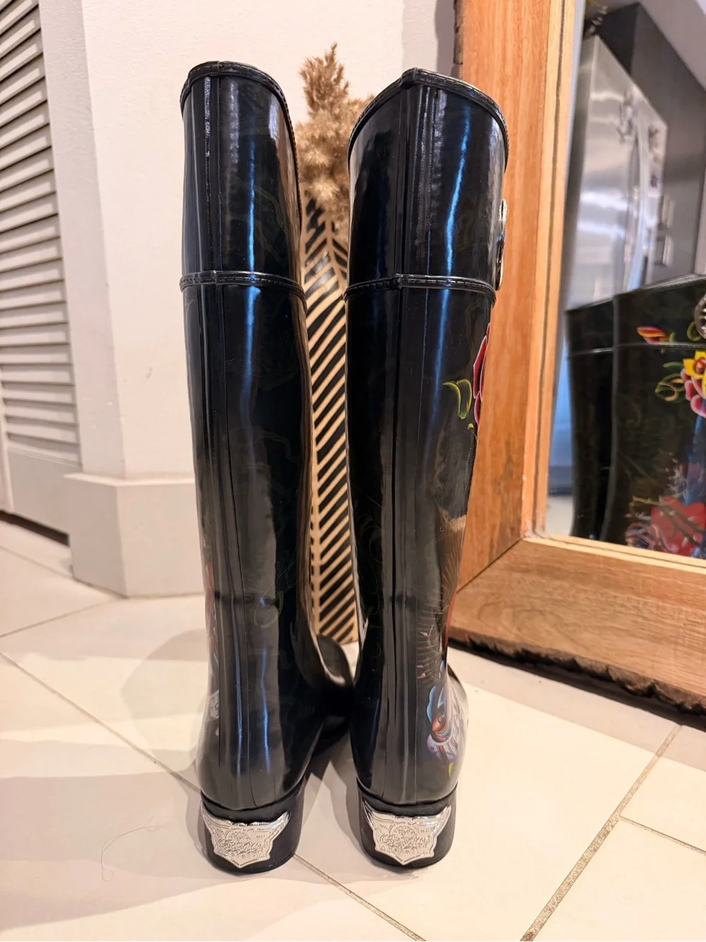 Christian Audigier Women's Black Glossy Floral tattoo print Rain Boots 8